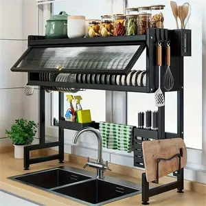 1 Piece Multi-Tier Drainage Rack Kitchen Sink Countertop Dustproof Storage Storage Bowl Drying Rack Household Chopsticks Drainage Rack Black Kitchen Shelf
