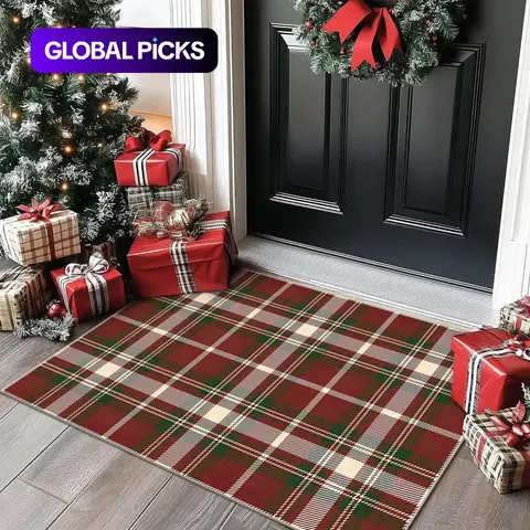 Christmas Door Mat, Vintage Checkered Outdoor Rug, American Retro Farmhouse Style Floor Mat, Holiday Home Decor Carpet, Decorative Rug, Home Decor Rugs #GLOBAL PICKS