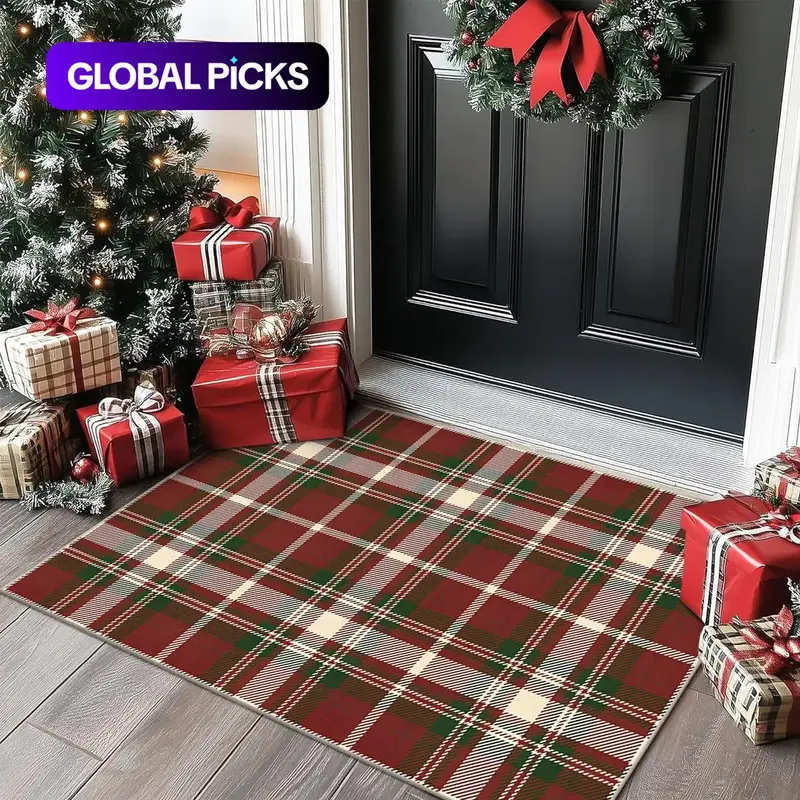 Christmas Door Mat, Vintage Checkered Outdoor Rug, American Retro Farmhouse Style Floor Mat, Holiday Home Decor Carpet, Decorative Rug, Home Decor Rugs #GLOBAL PICKS