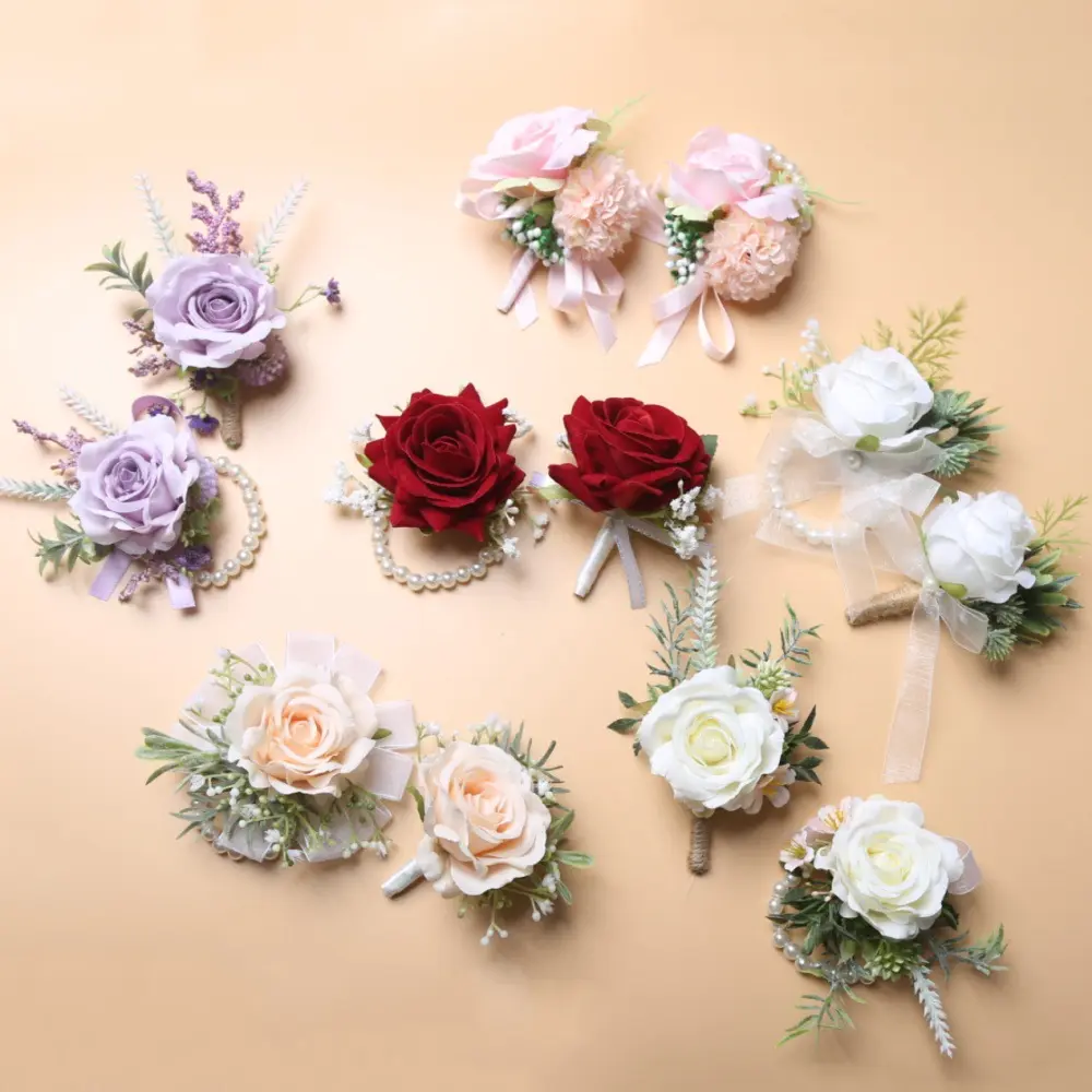 Red Rose Corsage and Boutonniere Set Corsage Wristlet Band Bracelet for Prom Decor and Boutonniere for Men Wedding Flowers Accessories Party Suit Decoration
