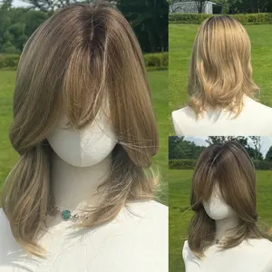 SMILCO 14Inch Ombre Deep Brown to Ash Blonde Short Curly Wig with Bangs SM505 Synthetic Hair for Trendy Looks