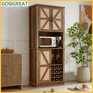 [GOOGREAT]Wine Cabinet, Cabinet 76-Inch Tall Rustic Oak Color Farmhouse Kitchen Faux Rattan Wine Cabinet, Kitchen Bar Cabinet With Square Compartments , Large Wooden Faux Rattan Storage Cabinet With Barn Doors And Microwave Shelves