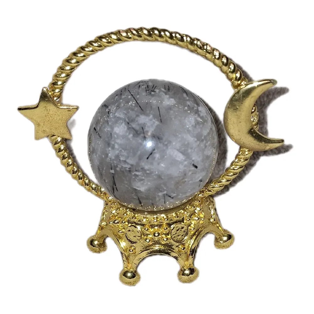 Tourmalinated Quartz Crystal Sphere with Black Inclusions, Moon Star Stand