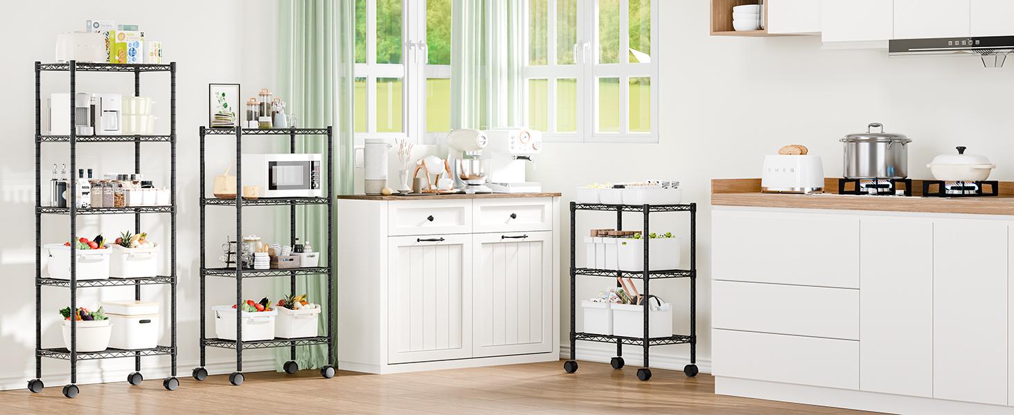 Heavy Duty Storage Shelves with Wheels, Adjustable Shelving Unit for Garage Kitchen Pantry, 200 lbs per Shelf, Black