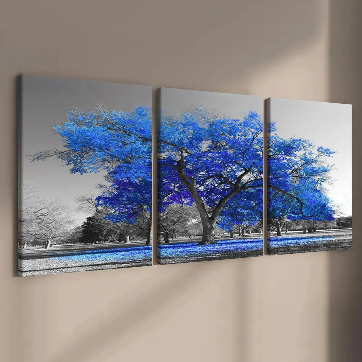 Wooden Framed Triple Canvas Painting, Picture Image Prints, 3 Counts/set Beautiful Tree Pattern Wall Art, Wall Decor for Home Living Room Bedroom Office