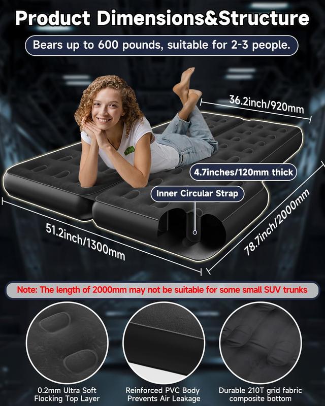 Umbrauto Heavy-Duty SUV Air Mattress w/Quick-Inflate Car Pump| Durable 2-Chamber Inflatable Van Sleeping Bed for Camping & Travel, Leakproof PVC, Flocked Top