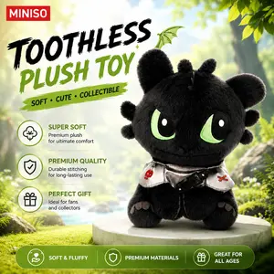 MINISO DreamWorks HTTYD Toothless Sitting Plush Toy, Classic Soft Black Dragon Stuffed Animal, Cute Night Fury Plushie Gift for Fans Kids Birthday