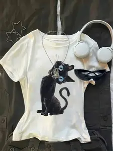 Mystic Black Cat Gothic Black Cat White Crop T-Shirt | Casual Y2K Streetwear Top | Premium Soft Fabric | Playful Gothic Cat Aesthetic | Trendy Slim-Fit Cropped Cut | Eye-Catching Cartoon Black Cat Print | Versatile Daily Wear | Perfect for Gothic/Y2K Styl