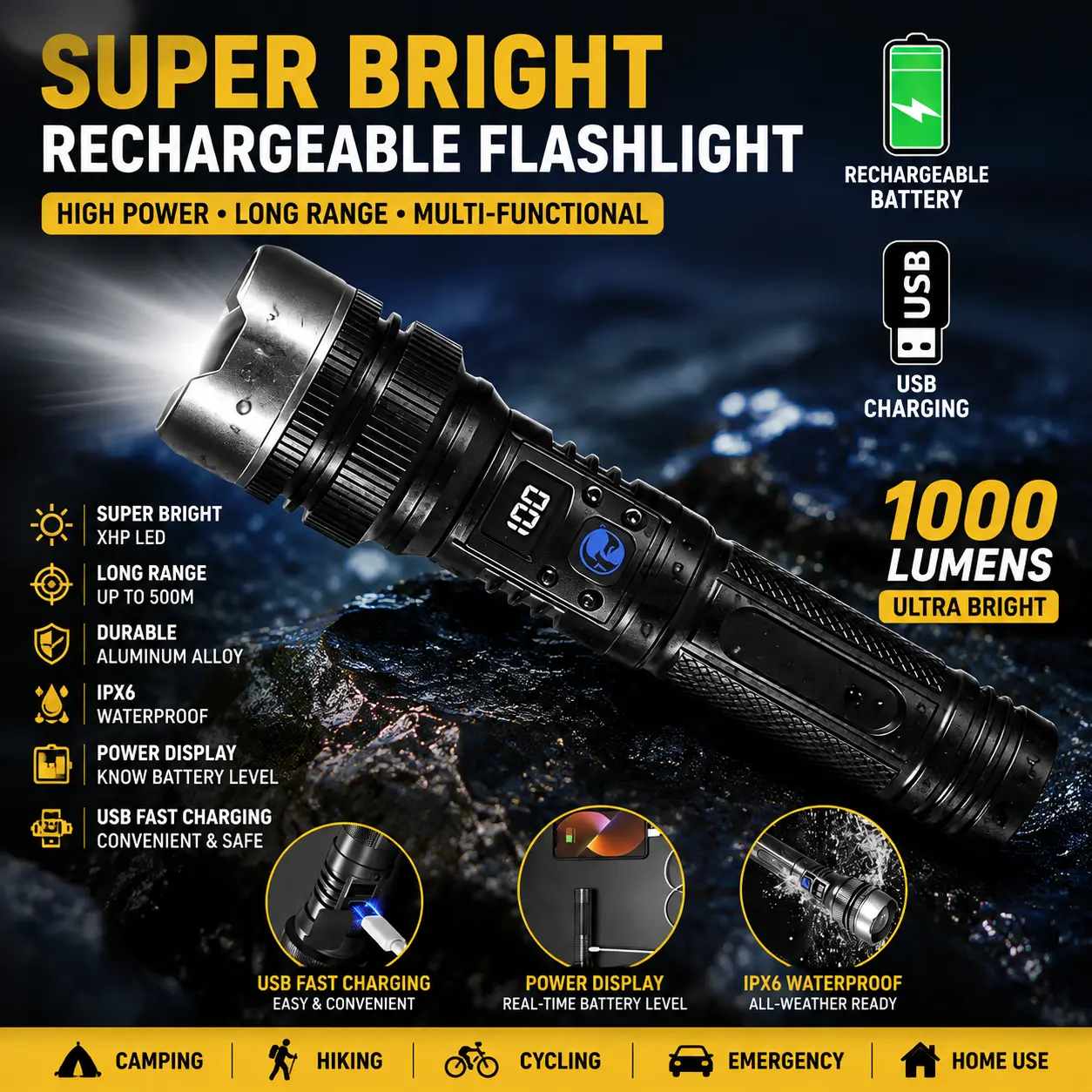 2-in-1 Dual Function Rechargeable LED Flashlight Power Bank, Zoomable Portable Rugged Torch with Digital Battery Display, Waterproof Outdoor Survival Light for Camping, Hiking and Vehicle Emergency Use