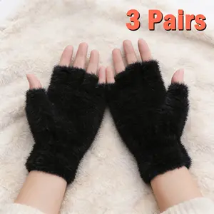 3 pairs of half-finger winter fleece gloves, practical and flexible for the fingers, suitable for winter use in 90 countries, ideal as writing gloves or soft, fingerless cycling gloves.