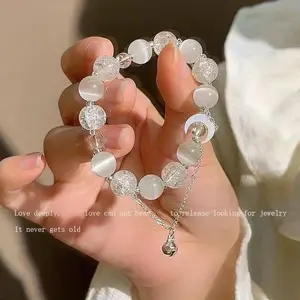 Moonlit Crystal & Cat's Eye Bead Bracelet - Celestial Crescent Moon Charm, Dainty Boho Jewelry for Women