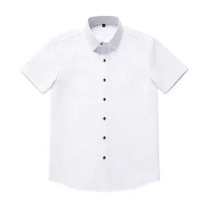 Men's Solid White Short-Sleeve Dress Shirt, Wrinkle-Free Stretch Fabric, Point Collar with Black Accent Buttons, Slim Fit, Perfect for Business, Formal Events, Daily Wear & All-Day Comfort