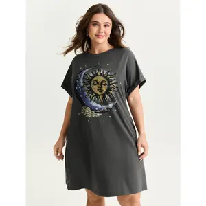 BLOOMCHIC Plus Size Stretchy Sun Moon Print T-Shirt Midi Dress [M-6X]2026 Summer Vibes Swimweek