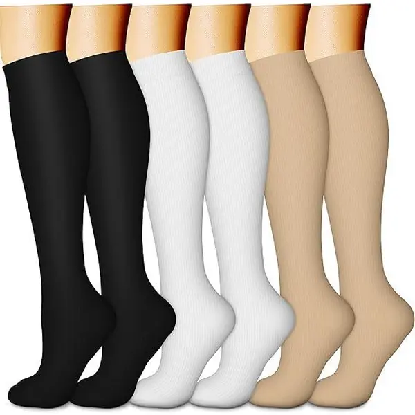Women's 6 Pack Compression Calf Socks, Solid Color Cotton Woven Athletic Socks with Graduated Fit and Reinforced Toe for Fatigue Relief, Machine Wash, Leg Fatigue Relief, Solid Colors, Cotton Blend, Female Wear, Basic, Lady