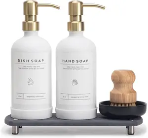 [Luxury] Kitchen Soap Dispenser Set - 16OZ White Glass Bottle, Stainless Steel Pump, Instant Dry Tray,  Labels, Non-Slip  Pad, and Dish Brush | Upgrade for Your Kitchen and Bathroom