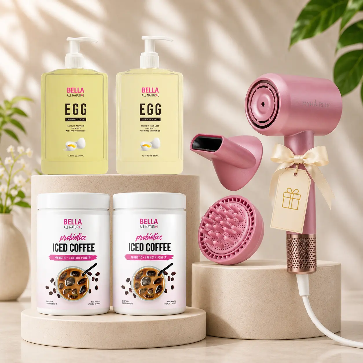 Bella All Natural Coffee Hair Care Bundle: 2 Iced Coffee Probiotics + Egg Shampoo & Conditioner + Free Hair Dryer Set