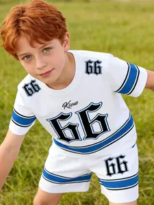 Boys' Baseball Style Short Sleeve Set, Blue Block Sportswear, Casual Loose-Fitting T-Shirt, Two-Piece
