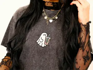 Embroidered Spooky Drink Acid Wash Women's Loose Fitting Cotton Tshirt Casual Everyday Short Sleeve Top Womenswear Style Streetwear Crewneck Fitted