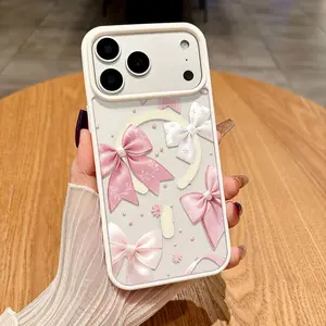 Romantic and adorable pink bow Transparent Acrylic Magnetic Phone Case for iPhone 17 16 15 14 13 12 11 X XS Pro Max Plus Air Samsung Galaxy S25 S24 S23 S22 Ultra-Thin Anti-Drop Wear-Resistant Mag Safe Phone Case