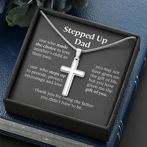 Inspirational To My Stepped Up Dad Engraved Cross Pendants Necklace for Step Father Father's Day Gift, Gift For Step Dad, Meaningful Family Quote, Sentimental Gift for Bonus Dad Birthday Gift