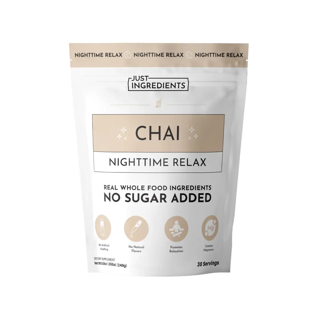 Just Ingredients Chai Nighttime Relax Drink – 30 Servings | No Sugar Added | Magnesium, L-Theanine, Chamomile & Tart Cherry Extract | Supports Relaxation & Restful Evenings