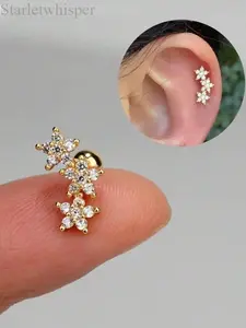 Women's 16 Gauge Cartilage Earrings Stud, 3 Flower Cubic Zirconia Design, Hypoallergenic Stainless Steel, Dainty Sparkly Daith Conch Tragus Helix Piercing Jewelry for Daily Wear & Party