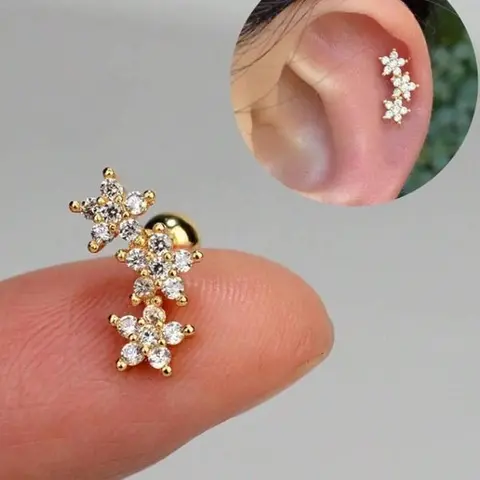Female 16-Gauge Cartilage Earring Studs - 3-Flower Synthetic Coloured Rhinestones, Hypoallergenic Stainless Steel Trendy Jewelry, Sports & Outdoor Accessory for Daith Conch Piercings