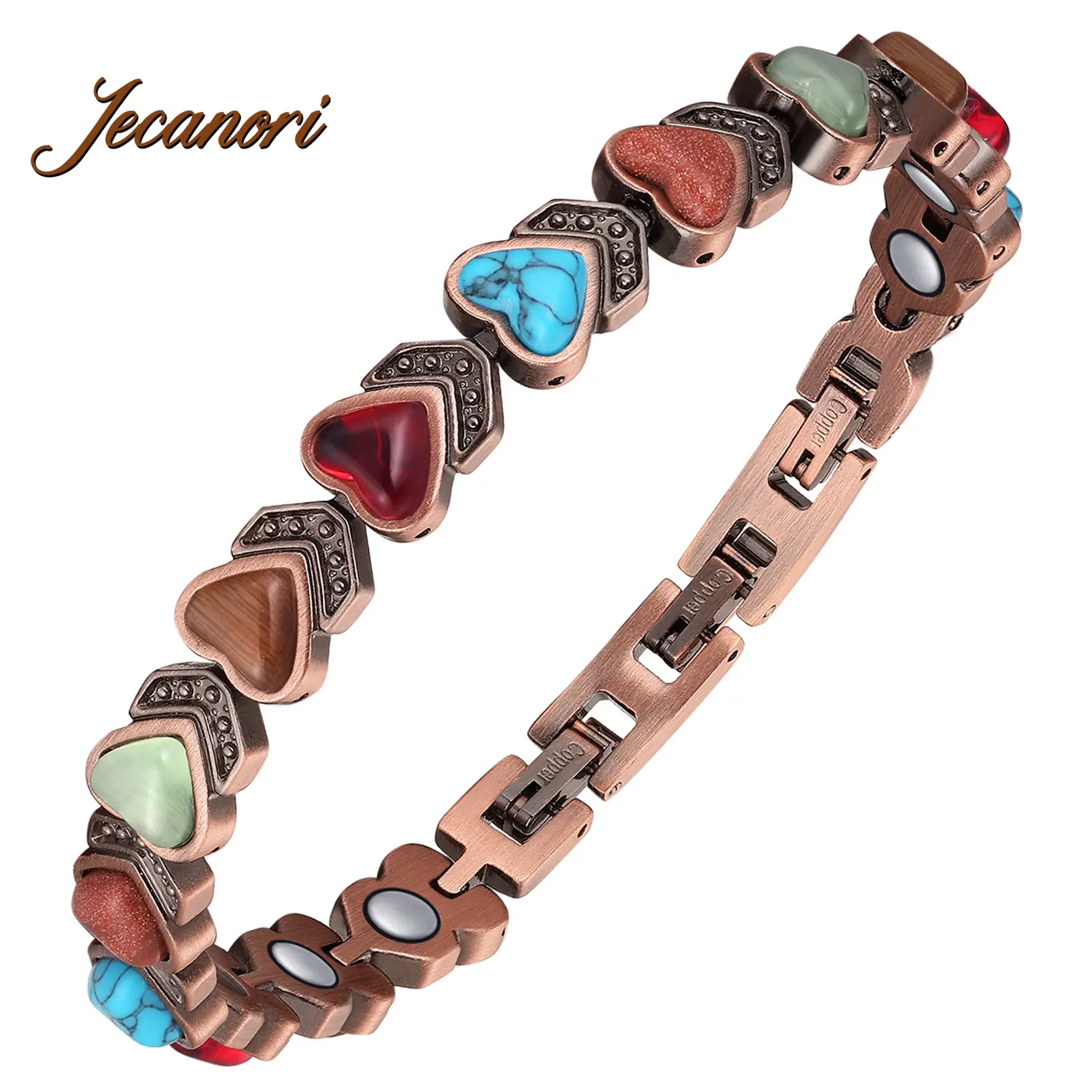 Jecanori Women's 99% Pure Copper Energy Magnetic Exquisite Trendy Bracelet - Blue Gemstone Accent, Heart Shapes, All-Season Casual Costume Jewelry Gift