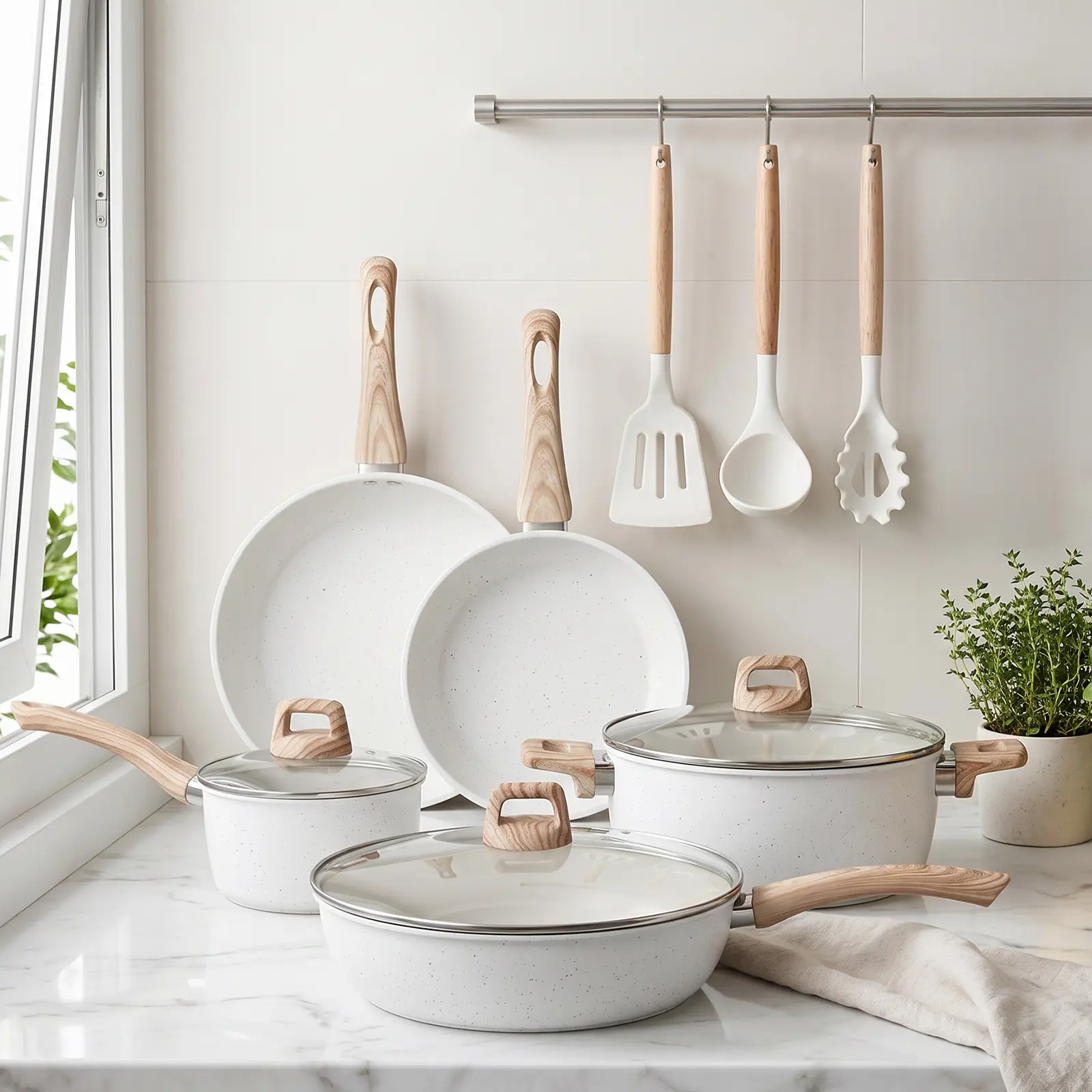 [NEW] LOVEWE 12 Pots and Pans Set, Nonstick Granite Cookware Set, Non-Toxic Healthy Kitchen Cooking Set with Frying Pans, Saucepans, Glass Lids, Compatible with All Stovetops Aluminium Handles Lightweight
