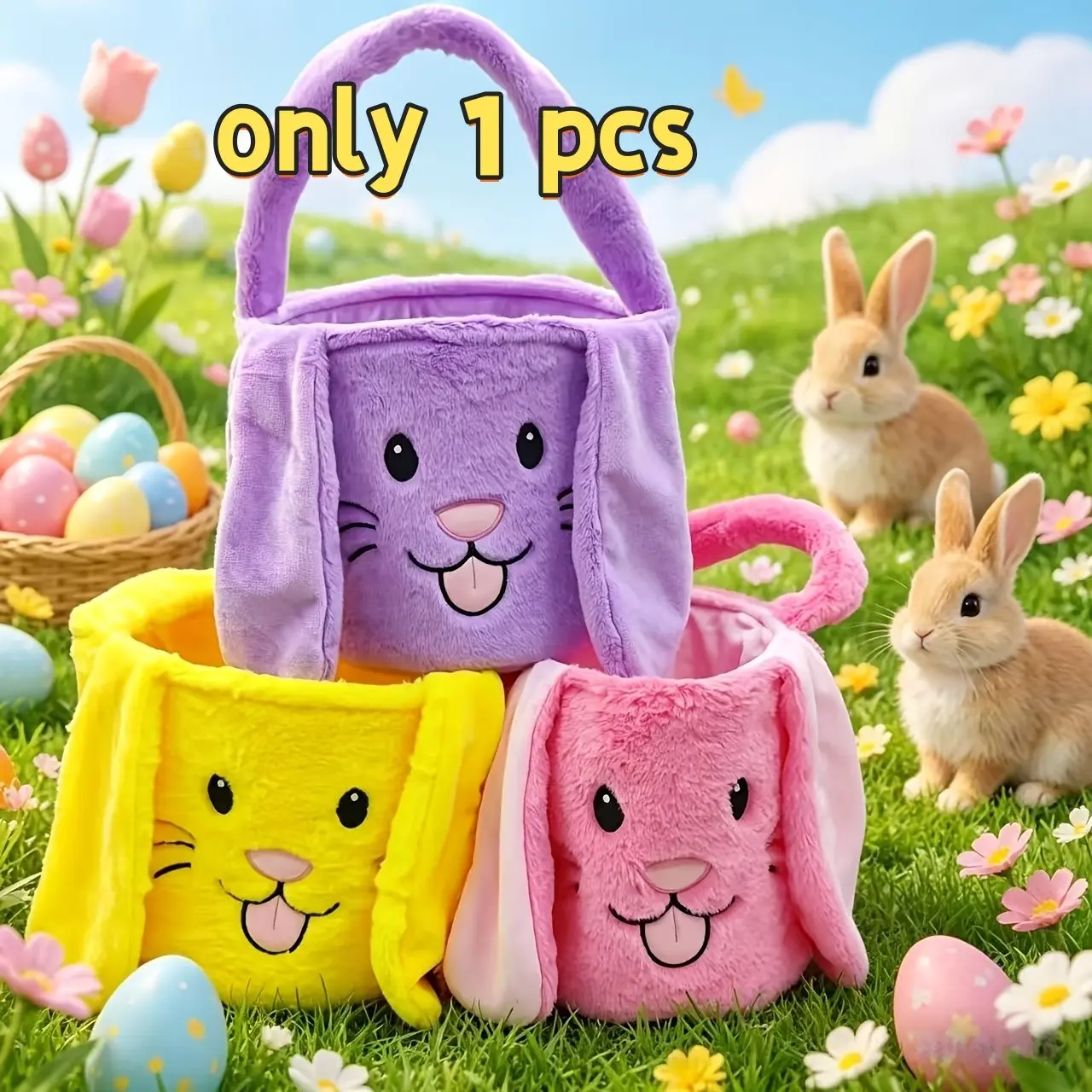 Cute Easter Bunny Basket, Long Plush Ears Egg Hunt Bag, Rabbit Easter Handbag, Easter Candy Pouch, Three Colors Available