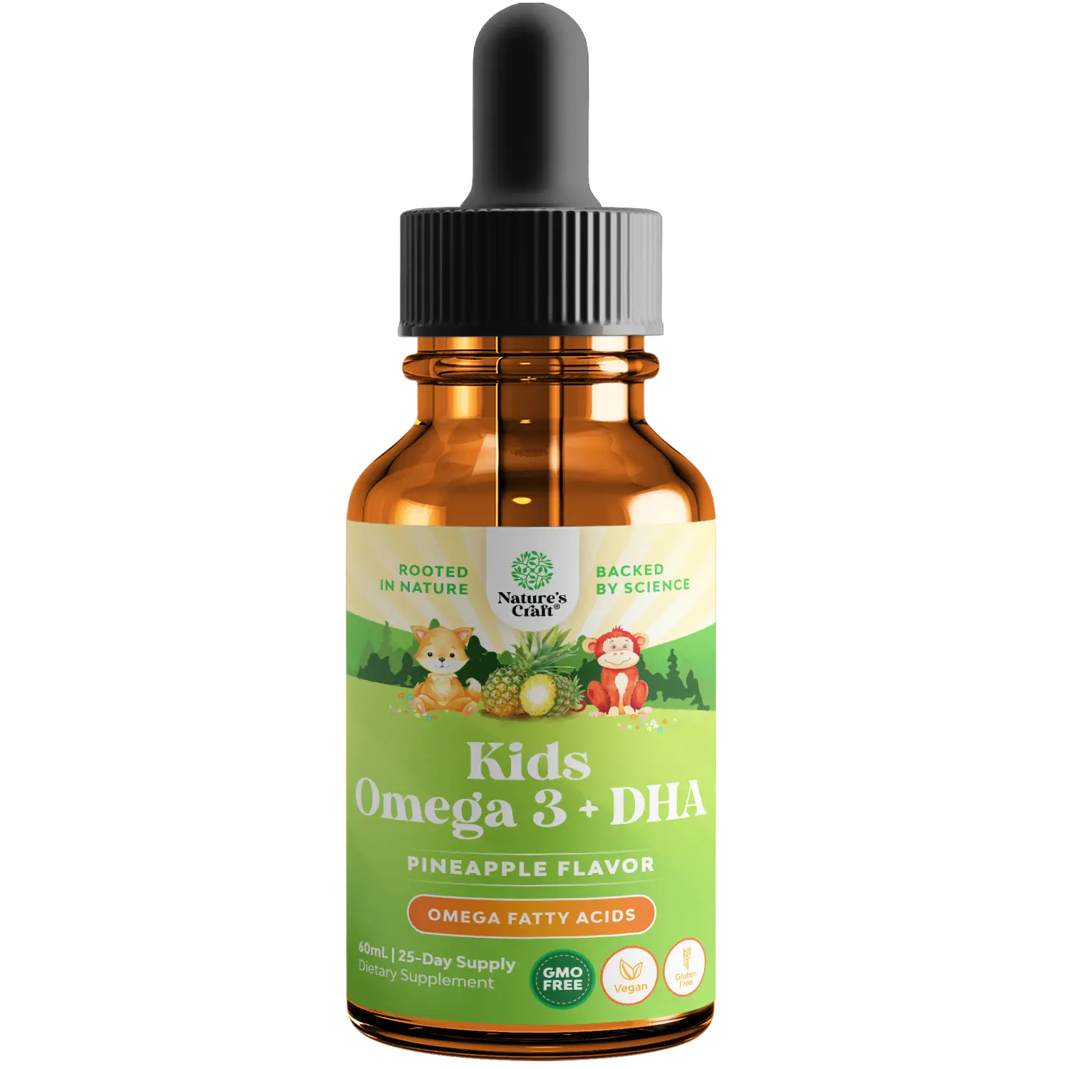 Nature's Craft Kids Omega 3 + DHA Drops Pineapple Flavor - Organic Supplement for Healthy Nervous System & Focus Support - Vegan Friendly, Sugar-Free,