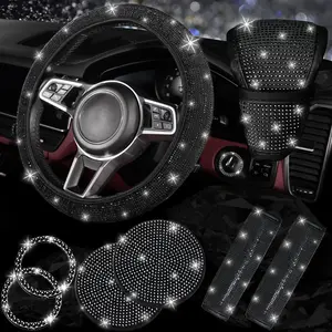 Set of 8 Sparkly Car Additions for Women, Including a Glittery Steering Wheel Cover, Shiny Car Coasters, Belt Shoulder Pads, Ring Emblem Sticker, And Gear Shift Cover