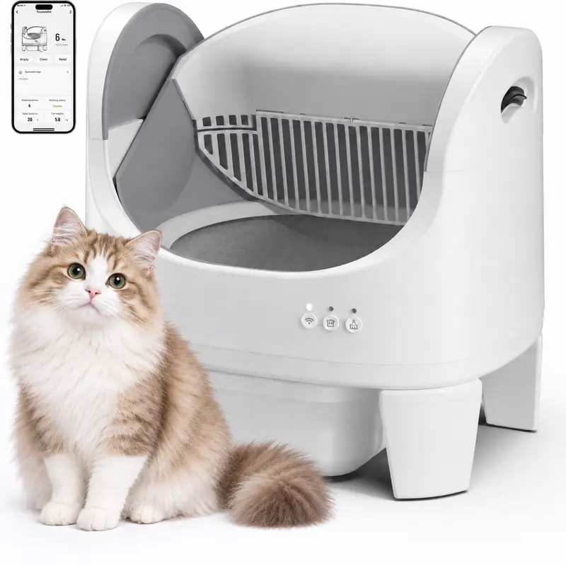 TAYACICY Open-Top Automatic Litter Box - Universal Auto-Cleaning, Smart App Control, 8L Large-Capacity Waste Bin, Dual Safety Sensors, Odor Control, 2 Roll Washable Liners, Cream White, for Multiple Cats, Less Mess, Quick Clean,Gifts