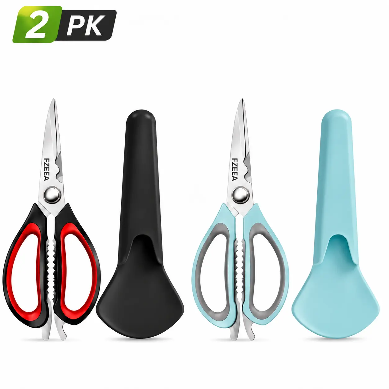 2 Pack Multipurpose Kitchen Scissors with Protective Covers, Stainless Steel Utility Shears with Comfortable Grip Handles for Food Prep and Everyday Use