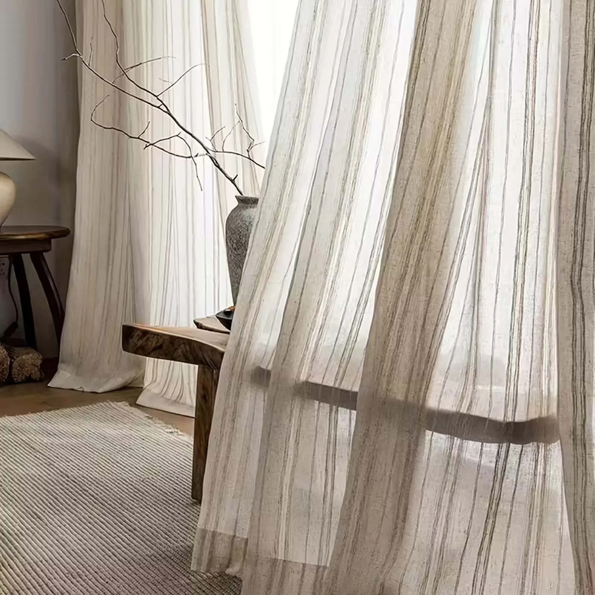 1pc Vintage Style Vertical Stripe Linen Curtain, Natural Texture, Soft Light Filtering, Mild Sunshade Insulation, Thermal Insulated Curtain, Suitable for Living Room Bedroom Balcony, Window Curtain