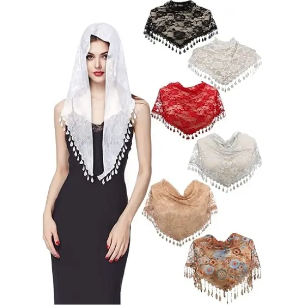 6 Pcs Mantilla Catholic Triangle Church Veil Mass Lace Women Wedding Shawl Floral Scarf Head Covering for Cathedral