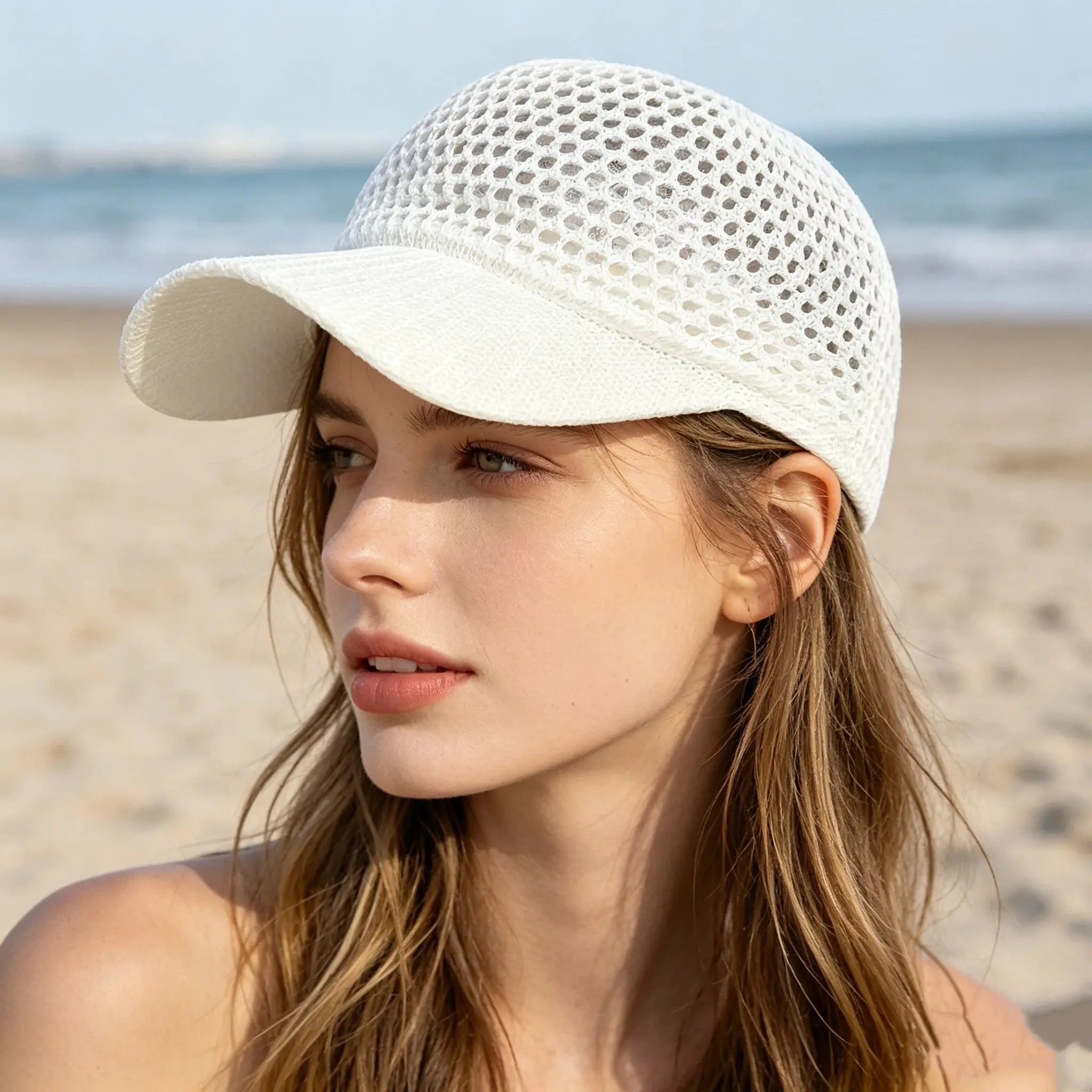 Baseball Cap for Women in a Hollow-Out Crochet Knit, Adjustable Ponytail Design with UV Sun Protection for Summer, Hat, Mesh Fabric, Casual, Uv Protection, Outdoor Wear, Adjustable Strap