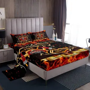 Firefighter Theme Sheet Set,Kids Boys Girls Red Flame Fitted Sheets Set,Fireman Sign Bedding Sheet Set,Includes 1 Flat Sheet,1 Fitted Sheet