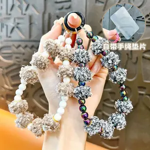 Fashion Plush Hairball Mobile Phone Chain Acrylic Pearl Beaded Telephone Cellphone Strap Anti-lost Lanyard Hanging Cord Jewelry