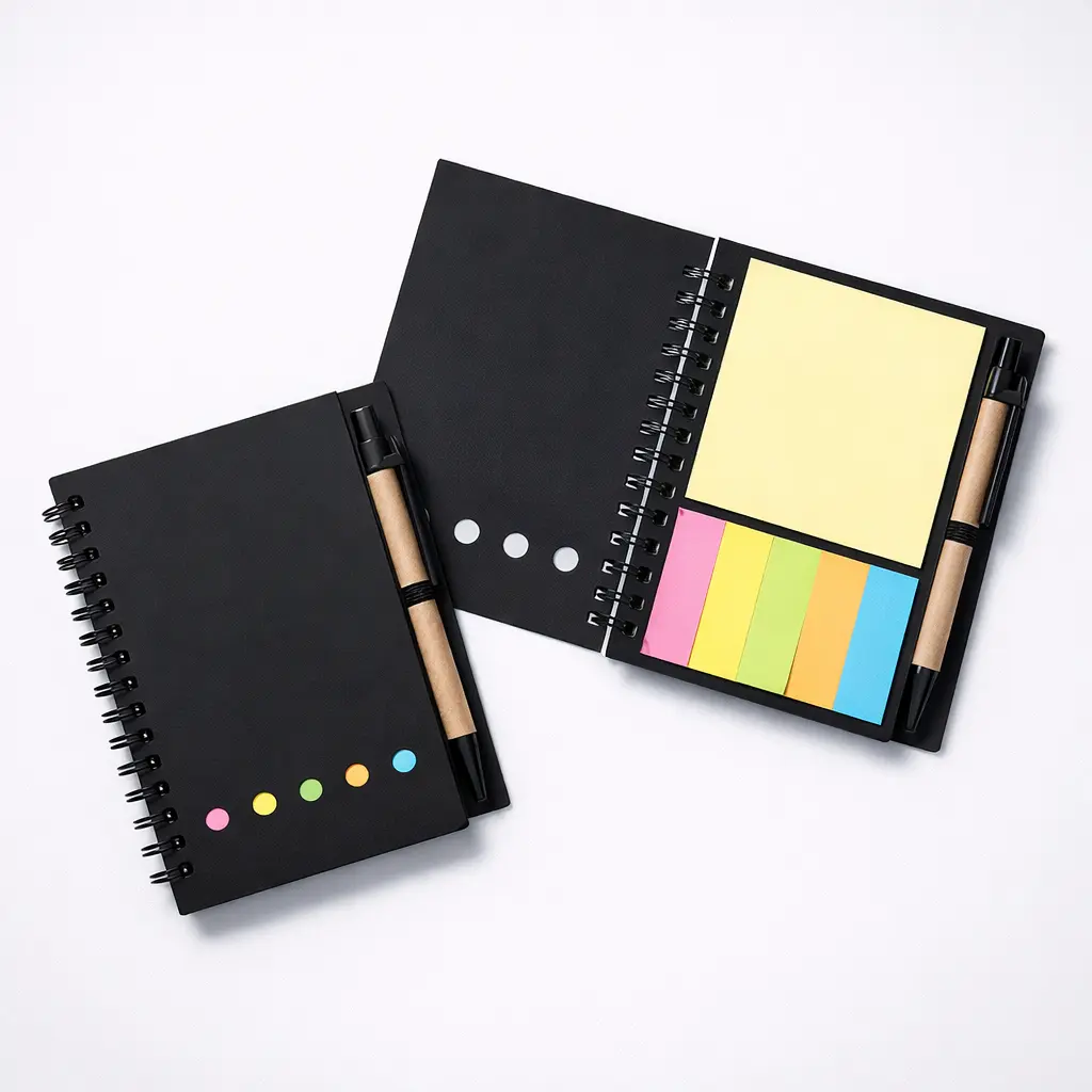 Spiral Pocket Notebook with Pen Holder – 4.1" x 5.3" Lined Kraft Paper Notepad, 70 Pages, Sticky Notes & 5-Color Index Tabs, Small Portable Journal for Work, Meetings & Office