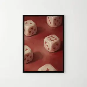 [UNFRAMED POSTER] Romantic Dice Poster – Moody Heart Dice Wall Art, Retro Minimal Love Print on Red Decor