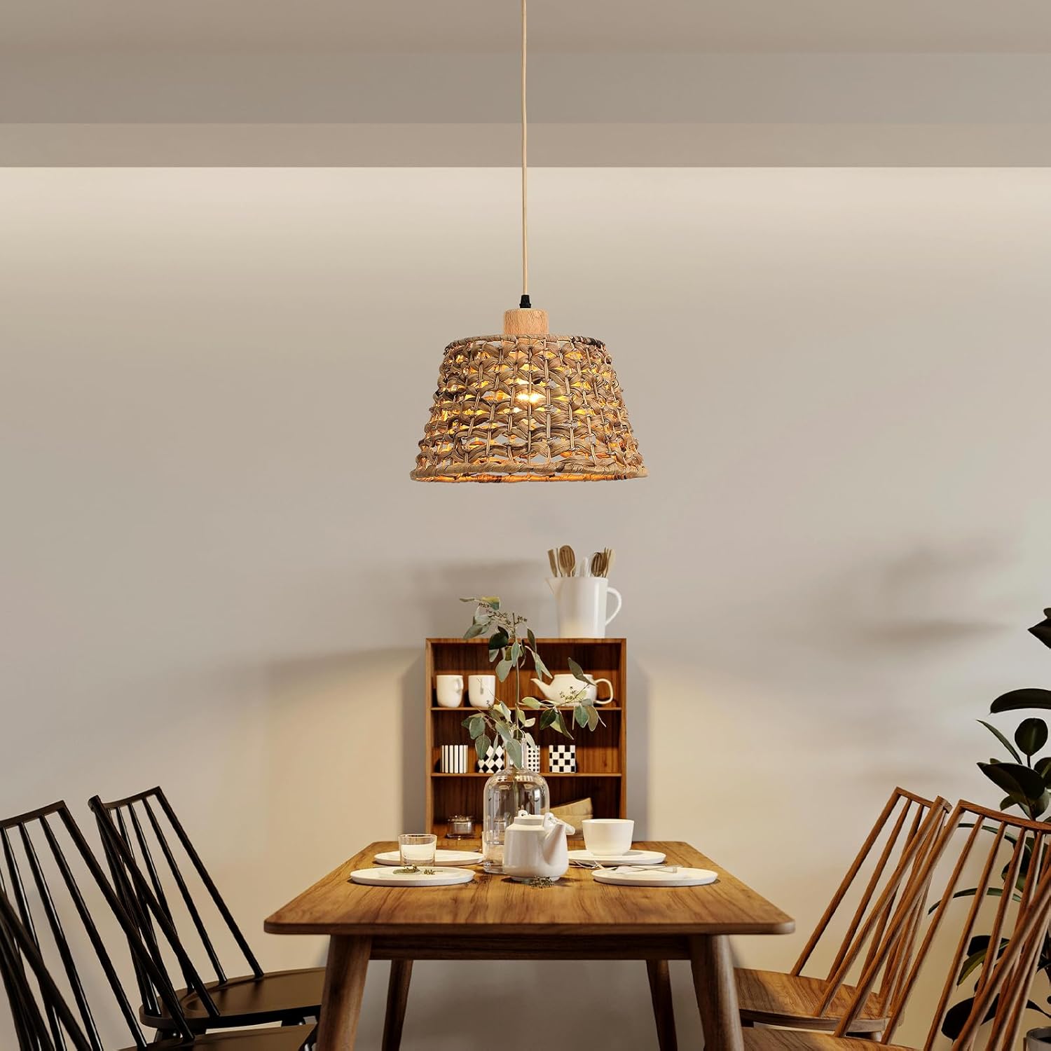 Rattan Boho Pendant Light, 12" 1-Light Hand-Woven Wicker Water Hyacinth Cone Hanging Light for Kitchen Island Dining Room