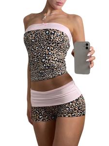 women's leopard patchwork print sleeveless crop tube top & shorts two-piece set, y2k chic fashion casual two piece outfits for daily outdoor wear, women clothes for fall & winter valentine's day, gift, everyday womenswear