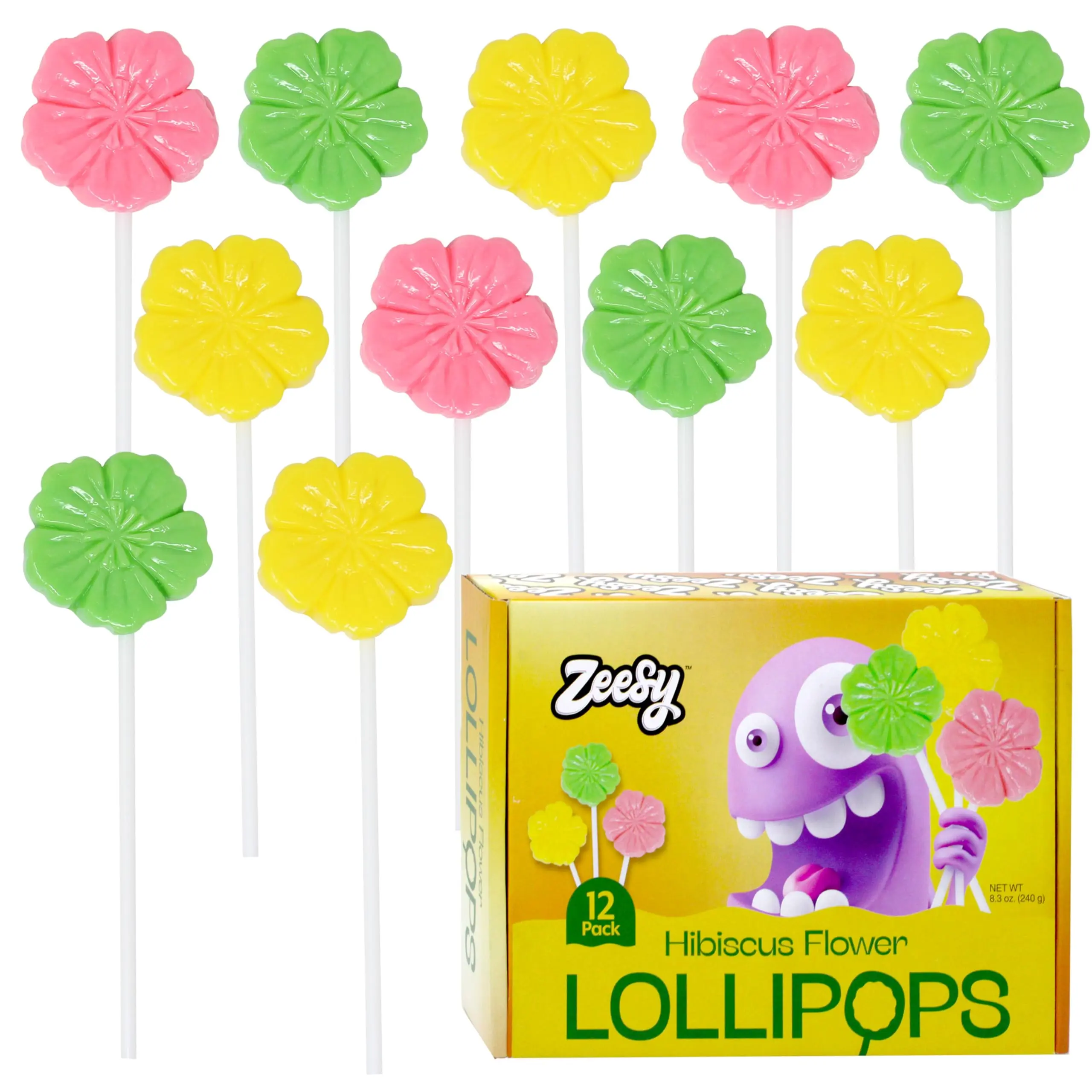 Zeesy Hibiscus Flower Lollipops - 12 Pack - Luau Hawaiian  ndividually Wrapped Candy Suckers for Tropical Party Favors