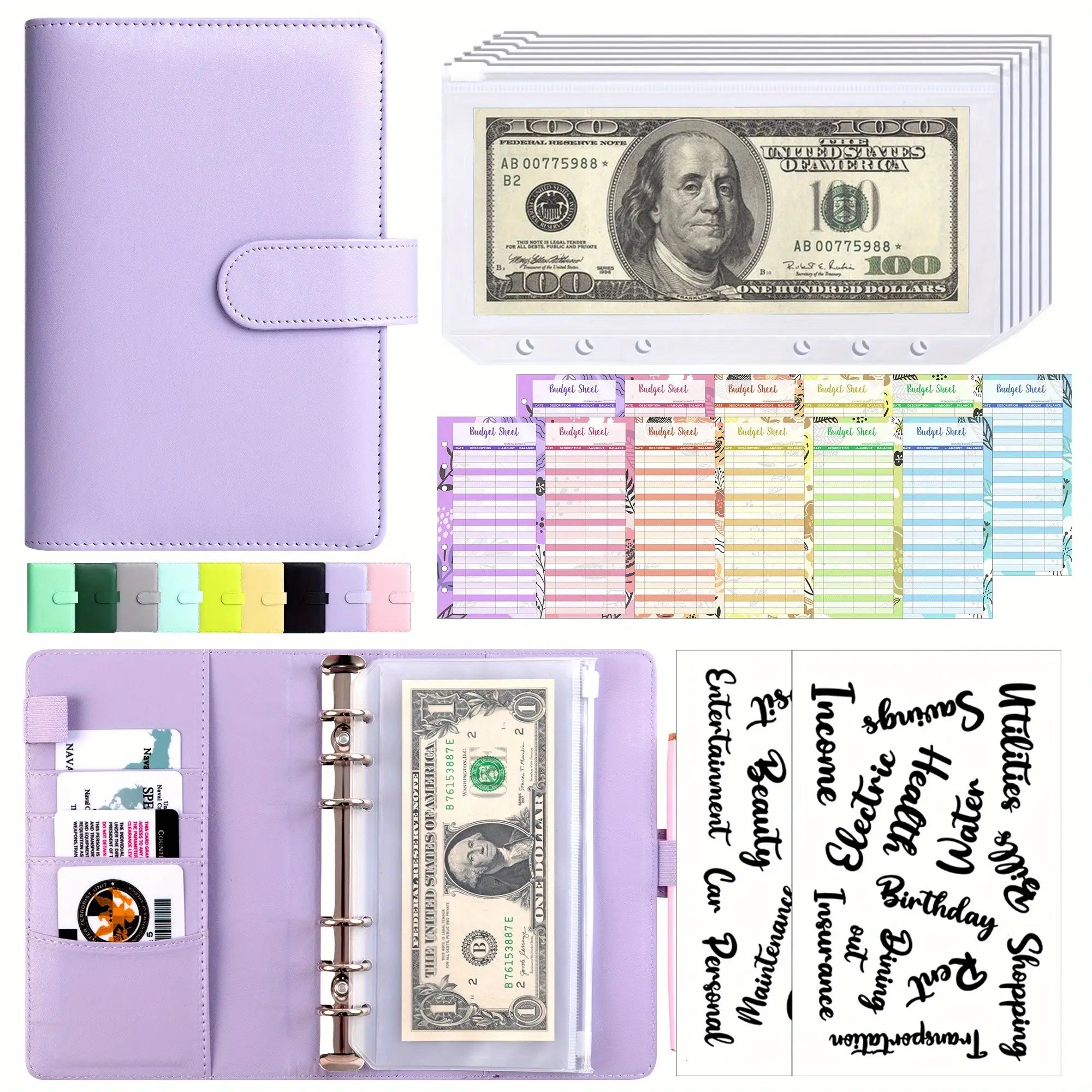 A6 Budget Foldable Set, including cash envelopes, budget forms, budget stickers, cash budget storage tools, for financial management and saving funds for the cash envelope system, Monthly Budget Planner, Savings challenge planner