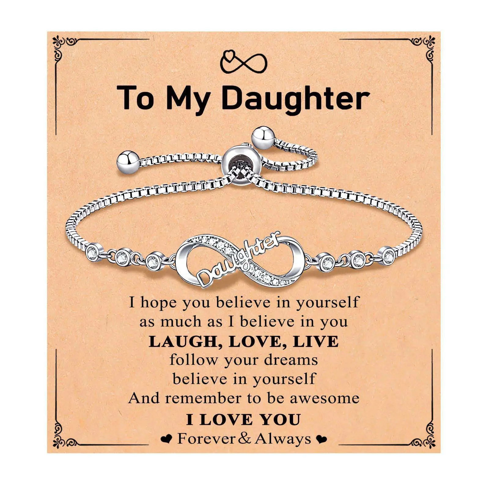 Stainless steel letter 8 bracelet with zircon inlay, pull-out chain, a gift for daughter and mother, featuring the infinity symbol.