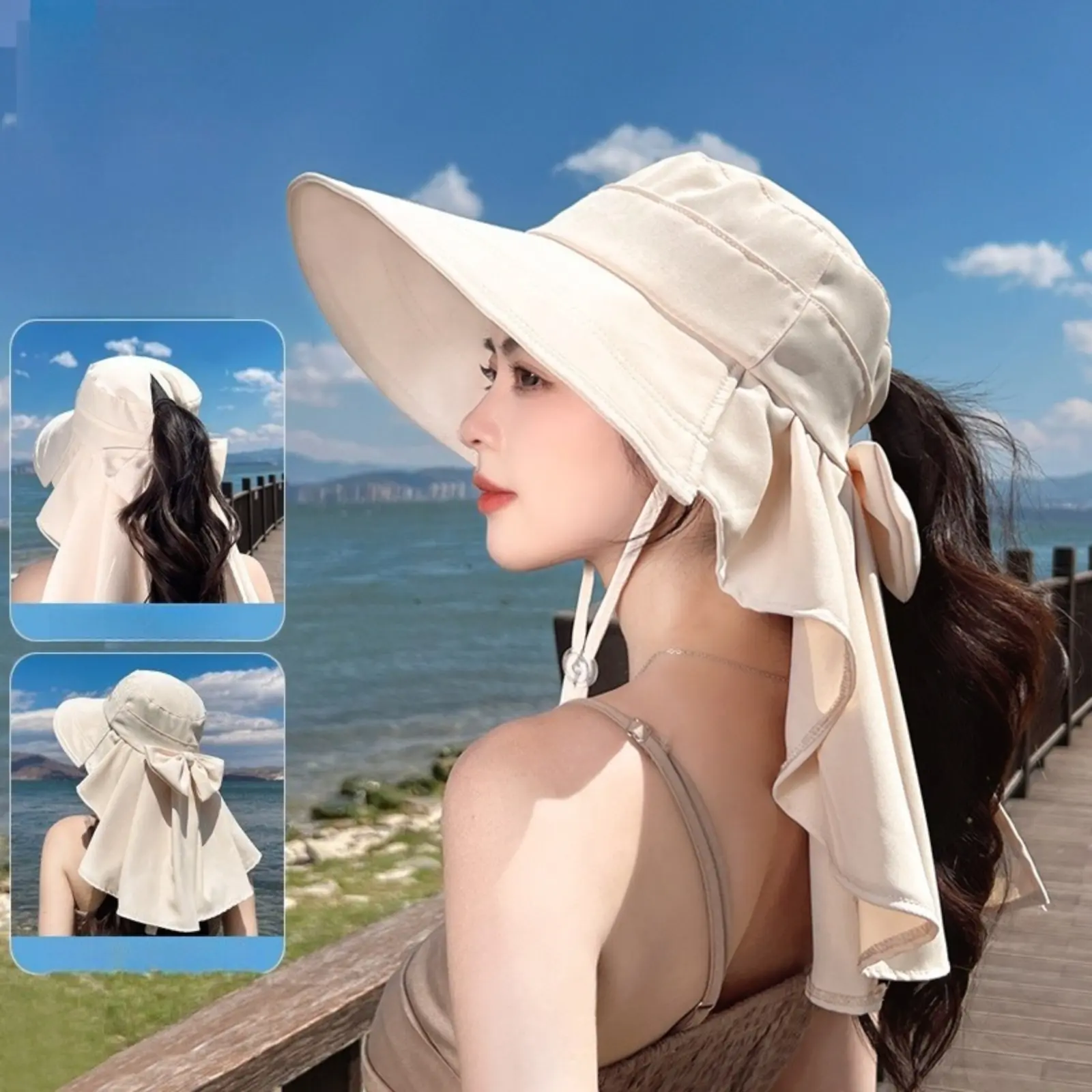 Women's Wide Brim Bucket Hat with Ponytail Hole - Packable Beach Sun Hat with Neck Flap for Summer Outdoor Sports Activities, Unisex, Cotton, Adults, Adjustable Cotton Hat, Breathable Sun Hats,back to school,back to school haul
