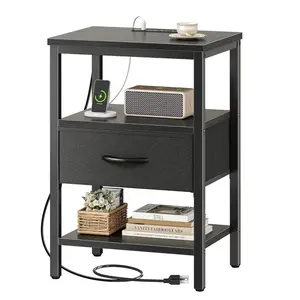 All-in-One Charging Nightstand with Adjustable Fabric Drawer & 3-Tier Storage – Single Bedside Table for Bedroom, Modern End Table with USB/Outlet for Living Room
