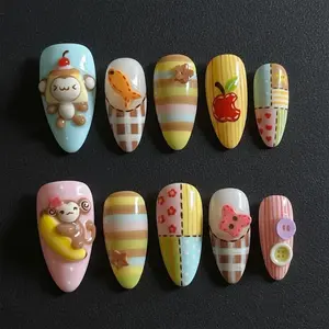Handmade Kawaii Monkey Press On Nails | Patchwork Stripes, Fruits & 3D Art Apple Monkey banana Nails