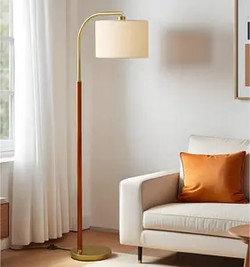 66" Walnut Gold Floor Lamp for Living Room, 1200 Lumens 3-Level Brightness Arc Floor Lamp for Bedroom, Wood Vintage Mid Century Modern Standing Lamp, Adjustable Lampshade, LED Bulb Included